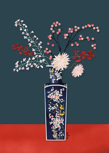 Flowers on oriental vase illustration art print