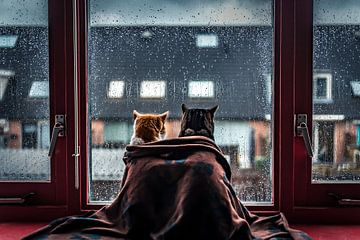 Katzen in einer Decke vor dem Fenster.