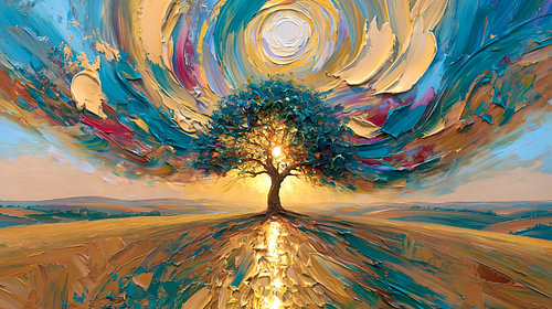 Goud Abstract Schilderij: Eenzame Boom die Gloeit aan de Bosrand