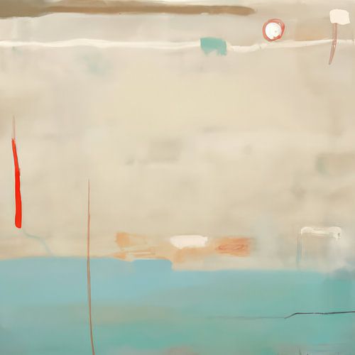 Abstraktes Gemälde in hauptsächlich Weiß und Hellblau