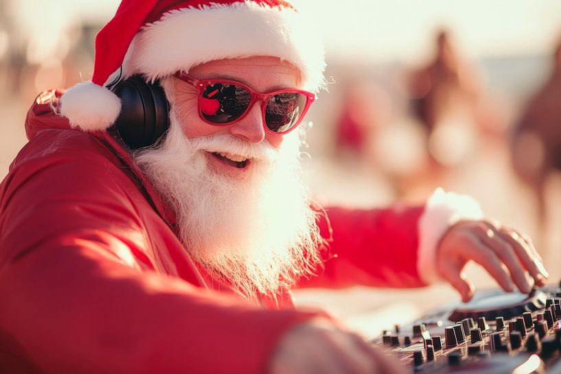 Father Christmas as a DJ on the beach by Poster Art Shop