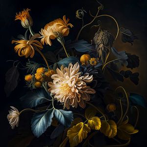 Blumenstillleben gold, blau, braun