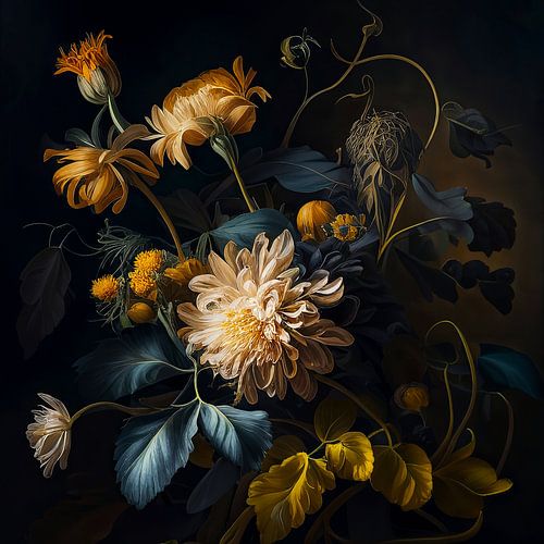 Nature morte fleurs or, bleu, brun