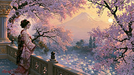 Geisha in Japan bei Sonnenuntergang über dem Fuji von Egon Zitter