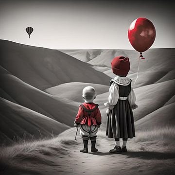 Zwei Kinder mit einem roten Luftballon von Gert-Jan Siesling