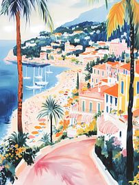 French Riviera Colorful Coastal Painting by IamHome Studio