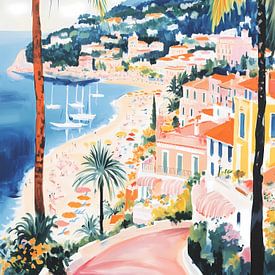 French Riviera Colorful Coastal Painting by IamHome Studio