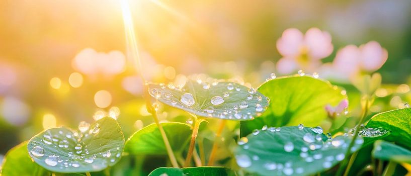 Morning dew on green leaves by Poster Art Shop