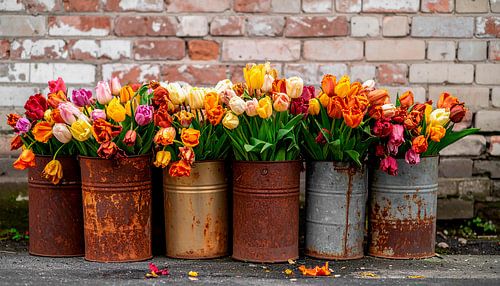 Tulips in rusty barrels...