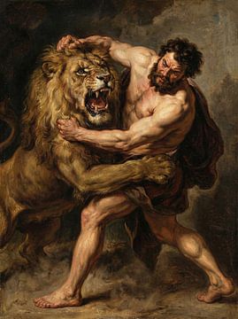 Mann ringt mit Löwe, Ölgemälde von Markus Gann