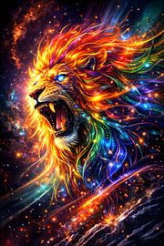 Cosmic Roaring Lion Space Art | Neon Galaxy Animal Print by Faheem Beigh