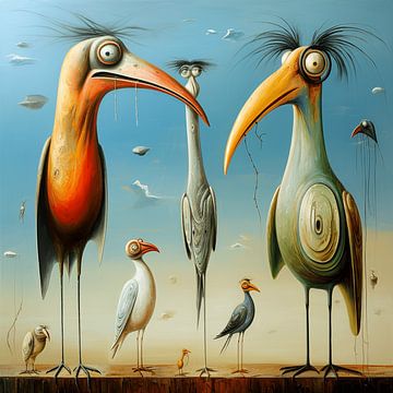 Surreal humorous birds family group landscape