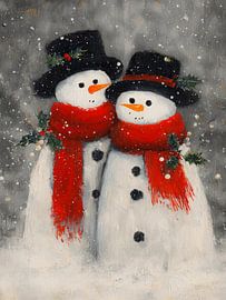 Zwei Schneemänner mit roten Schals und schwarzen Mützen in einer stimmungsvollen verschneiten Winterlandschaft von But First Framing
