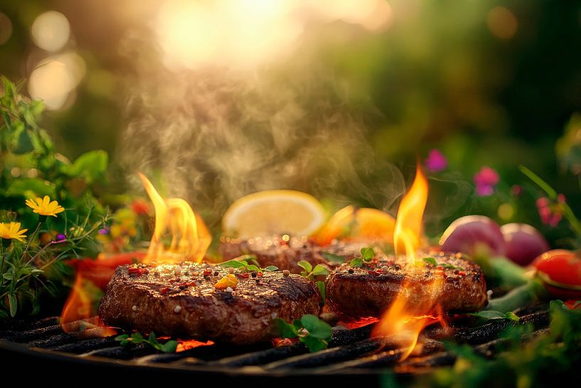 Saftige Steaks auf dem Grill bei Sonnenuntergang von Poster Art Shop