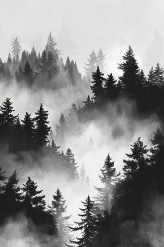 Mystical forest landscape in the fog