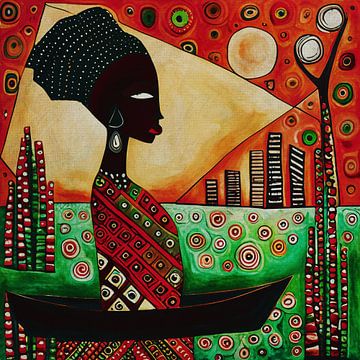 Afrikaanse vrouw kijkt naar je vanaf een boot