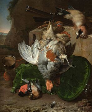 Twee patrijzen en andere dode vogels in een landschap, Melchior d'Hondecoeter
