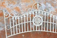 Romantic vintage weathered metal fence against weathered wall