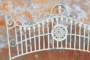 Clôture métallique romantique d'époque contre un mur érodé par les intempéries