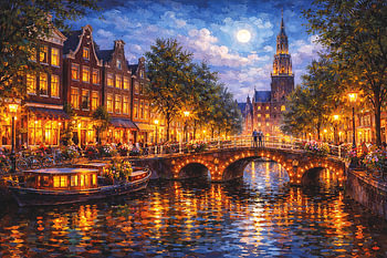 Amsterdam in de avond schilderij.