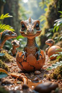 Fantasy Wall Art: HATCHLINGS - Baby dinosaurs hatch from their eggs in the jungle