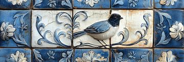 Blauwe en witte tegels met vogel en bloem ontwerp delfts blauw panorama van Digitale Schilderijen