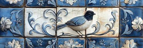 Blaue und weiße Fliesen mit Vogel- und Blumenmuster delft blue panorama