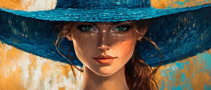 Woman with wide blue hat and sunbeams by Poster Art Shop