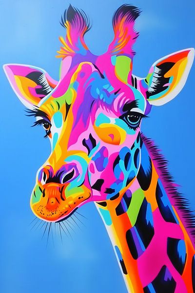 Peinture pop art colorée et accrocheuse d'une girafe par Art & Soul Creations