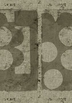 Brutalistische retro abstracte vormen in olijfgroen op linnen I. van Dina Dankers