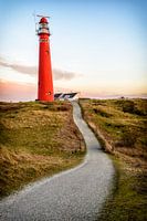 Path leading to a red lighthouse in the dunes 