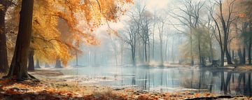 Herbst Wald Reflexion | Nebliger Morgen von Abstraktes Gemälde