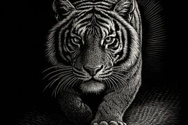 Monochrome tiger with intense gaze by Art & Soul Creations