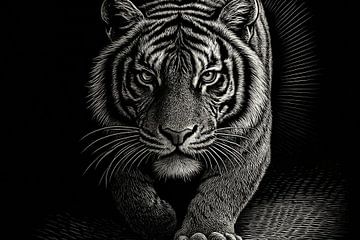 Monochrome tijger met intense blik van Art & Soul Creations