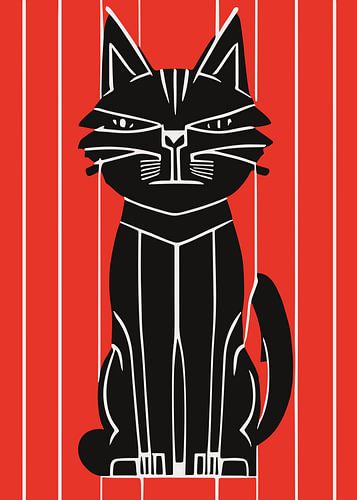 Grafische zwarte kat op rood