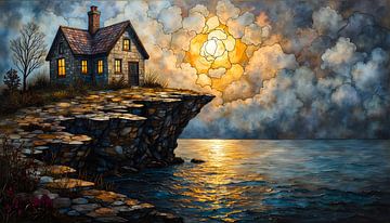 House on rock on coast at storm and sunset