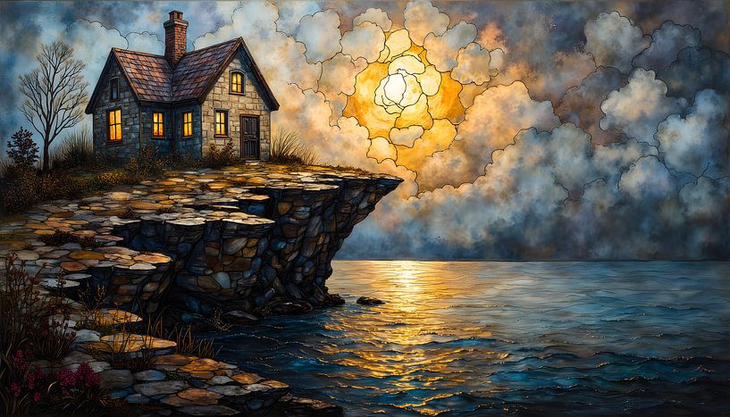 Huis op rots aan kust bij storm en zonsondergang van Jan Bechtum