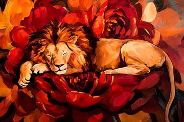 Leeuw op bloeiende rozen van Poster Art Shop