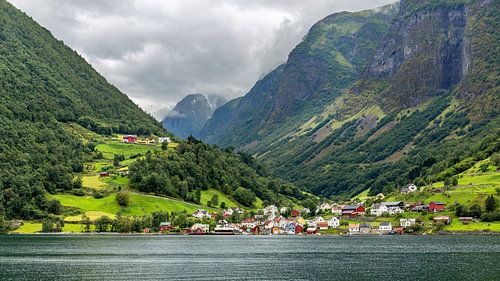 Le village pittoresque d'Undredal vu depuis l'Aurlandsfjord,