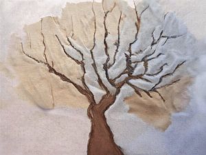 Japandi Art: Abstrakter Baum mit Struktur und sanften, neutralen Farbtönen
