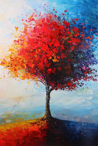 Arbre coloré expressif avec des tons rouges et orange