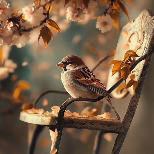 Le moineau sur une chaise de jardin