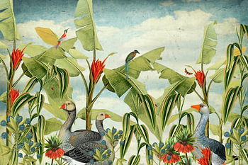 Botanisch met ganzen, tropische vogels en bloemen