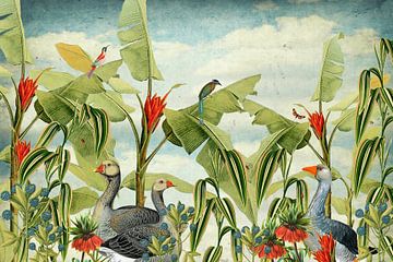 Botanical with geese, tropical birds and flowers