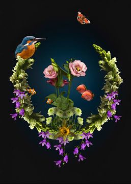 Stilleben mit Eisvogel, Fisch und Blumen von Flower artist Sander van Laar