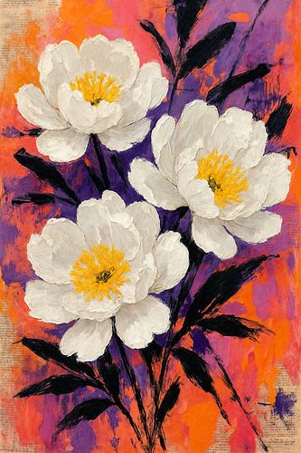 Witte pioenrozen op oude krant (AI) (vrolijk, kleurrijk, abstract, felle kleuren, zomers, paars, oranje, gewaagd, stoer, vrouwelijk )