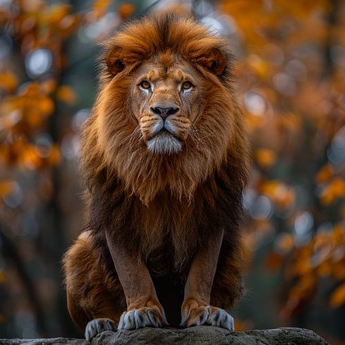 Un lion majestueux assis sur un rocher au coucher du soleil