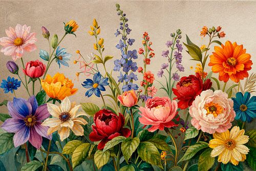 Zomerse bloementuin met Pioenen, Dahlia's en Riddersporen