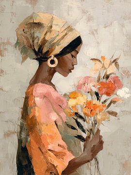 Afrikaanse Vrouw met Hoofddoek en Bloemen