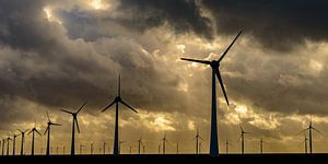 Windpark mit Reihen von Windrädern bei Sonnenuntergang